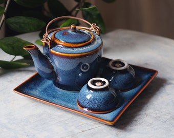 Ceramic Porcelain Teapot Set Ocean Waves Color, Tea Set Made in Vietnam