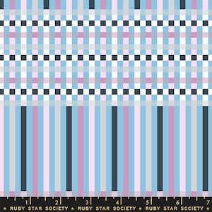 May include: A blue, pink, and gray plaid fabric with a repeating pattern of stripes. The fabric is made by Ruby Star Society.