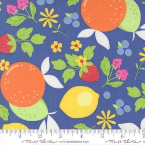 May include: Blue fabric with a colorful fruit pattern. The design includes orange citrus fruits, green pears, yellow lemons, red strawberries, pink raspberries, blueberries, and yellow flowers. White leaf accents complete the design.