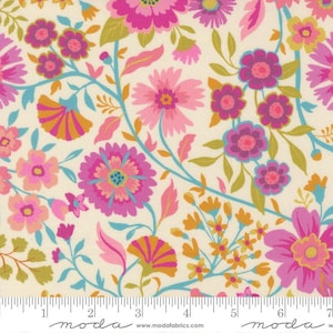 May include: Floral fabric with a cream background, featuring a vibrant pattern of pink, fuchsia, orange, and teal flowers and leaves. The design includes various flower shapes and sizes, with a ruler along the bottom edge.