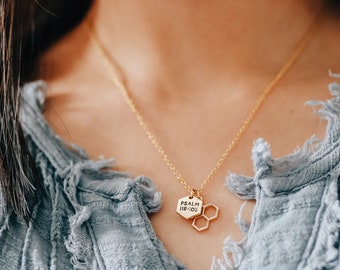 Christian Necklace - Psalm 119:103 Honeycomb Necklace - Christian Jewelry - Christian Gift - Christian Apparel - Necklace - 18k Gold