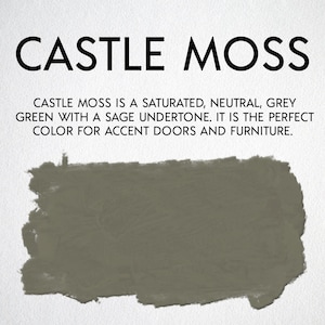 May include: A paint swatch of "Castle Moss" on a white background. The color is a saturated, neutral grey-green with a sage undertone. Text states it is perfect for accent doors and furniture.