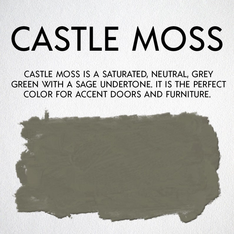 May include: A paint swatch of "Castle Moss" on a white background. The color is a saturated, neutral grey-green with a sage undertone. Text states it is perfect for accent doors and furniture.