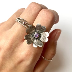 Zarter Blume Sterling Silber StrukturiertEr Statement Ring Lila CZ Handarbeit Schmuck