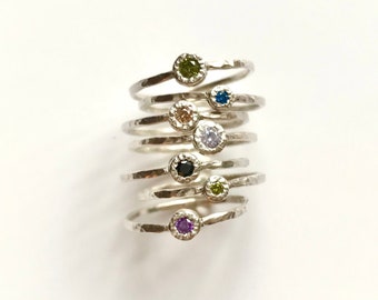 Delicate Colorful CZ Solitaire Stacking Rings Sterling Silver 925 Handmade Jewelry