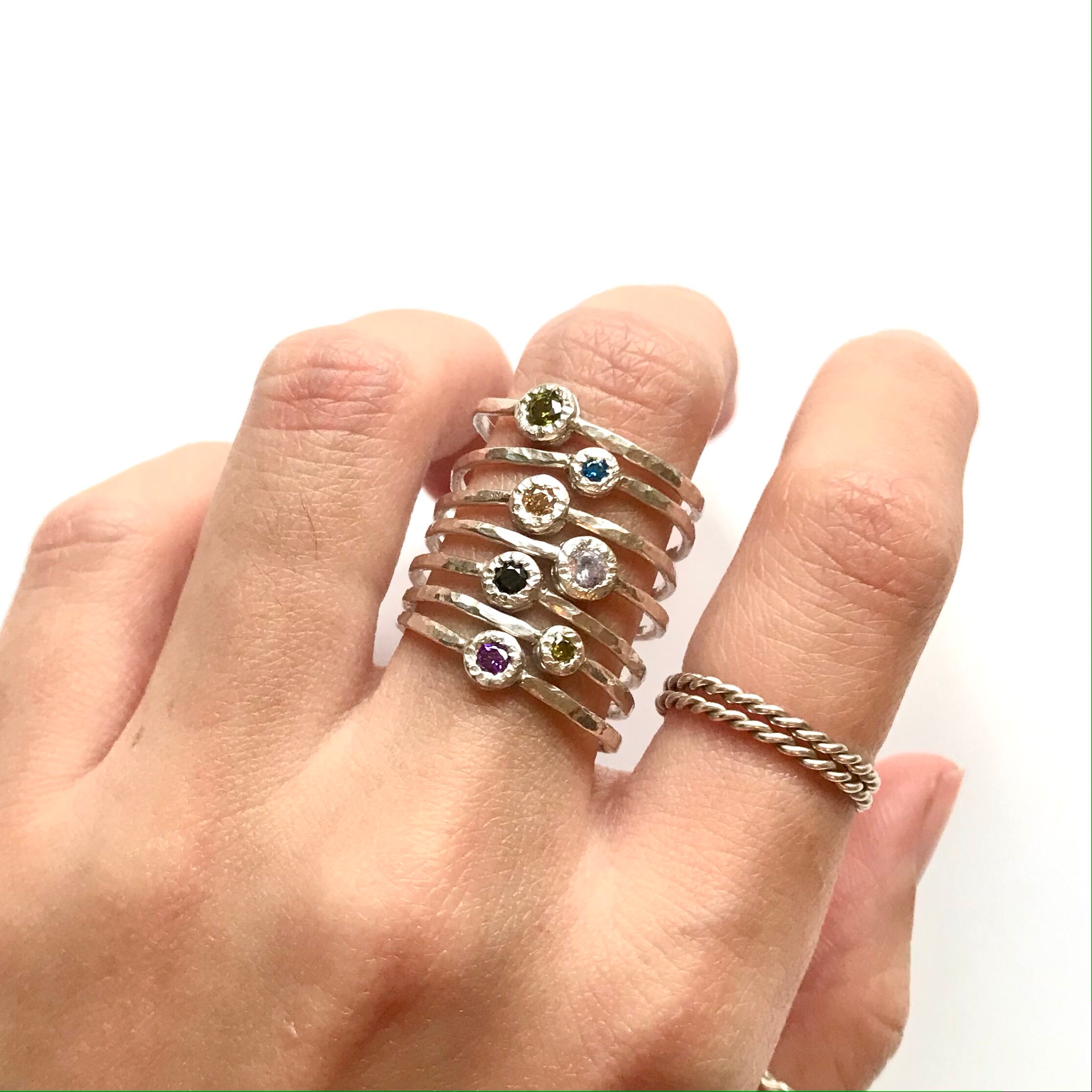 Delicate Colorful CZ Solitaire Stacking Rings Sterling Silver 925 ...