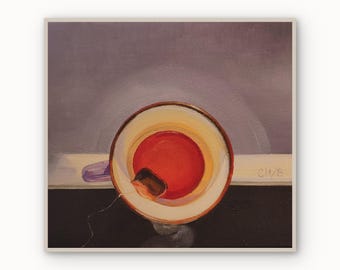 Dipinto ad olio originale - Natura morta con tazza di tè rossa, tela 8x8".
