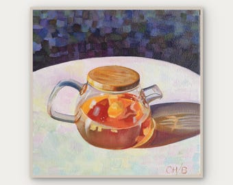 Pintura al óleo original: Tetera color ámbar – Bodegón para la pared de la cocina