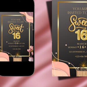 Sweet 16 Invitation | Editable Canva Template | Gold Birthday Invite | Digital Download | Elegant Sweet 16 Party Invitation.
