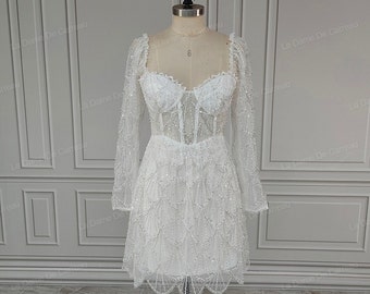 Mini Sequins Lace Long Puff Sleeves Wedding Dress Plus Size Above Knee Closed Back Boning Tiered Ruffles Sexy Summer Bridal Gown