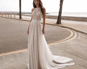 Halter Neck A Line Chiffon Boho Wedding Gowns Big Size Sleeveless Custom Made Real Photos Tattoo Lace Illusion Back Bridal Dress