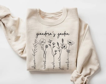 Grandma's Garden Sweatshirt, Custom Birthflower Sweatshirt, Gift for Grandma, Love Grows Here, Mom's Garden, Personalized Grandma
