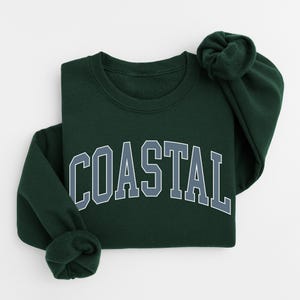 May include: A dark green sweatshirt with the word "COASTAL" in large, block letters across the front. The letters are white with a gray outline. The sweatshirt is folded, with one sleeve bunched up.