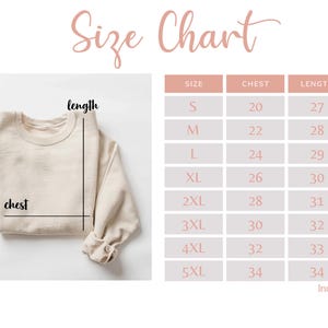 May include: Size chart for a sweatshirt with measurements in inches for chest and length. Sizes range from S to 5XL.