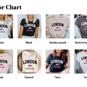 May include: Color chart showing different colors of a t-shirt with the text "LONDON ENGLAND" and a small Union Jack flag.