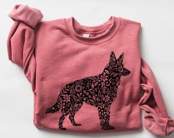 Floral German Shepherd Sweatshirt, Minimalist GSD Dog Mom Crewneck, Floral Silhouette Pet Lover Pullover, Wildflower Shepherd Mama