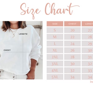 Peut inclure: Tableau des tailles pour un sweat-shirt avec des mesures en pouces pour la poitrine et la longueur. Les tailles vont du S au 5XL.