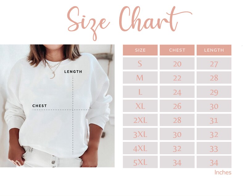 Peut inclure: Tableau des tailles pour un sweat-shirt avec des mesures en pouces pour la poitrine et la longueur. Les tailles vont du S au 5XL.