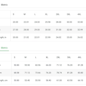 May include: Size chart showing measurements in inches and centimeters for a garment. The chart includes measurements for width, length, and sleeve length for sizes S through 5XL.