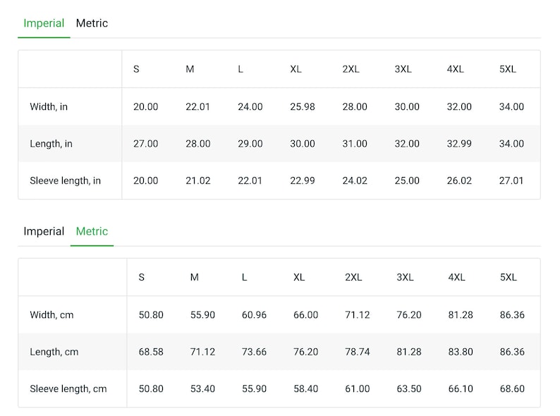 May include: Size chart showing measurements in inches and centimeters for a garment. The chart includes measurements for width, length, and sleeve length for sizes S through 5XL.