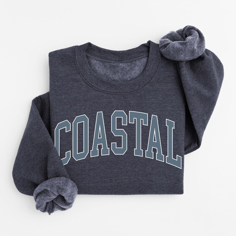 May include: A dark gray sweatshirt with the word "COASTAL" in large, block letters across the front. The letters are outlined in white and filled with a teal color. The sleeves are folded up, and the sweatshirt is on a white background.