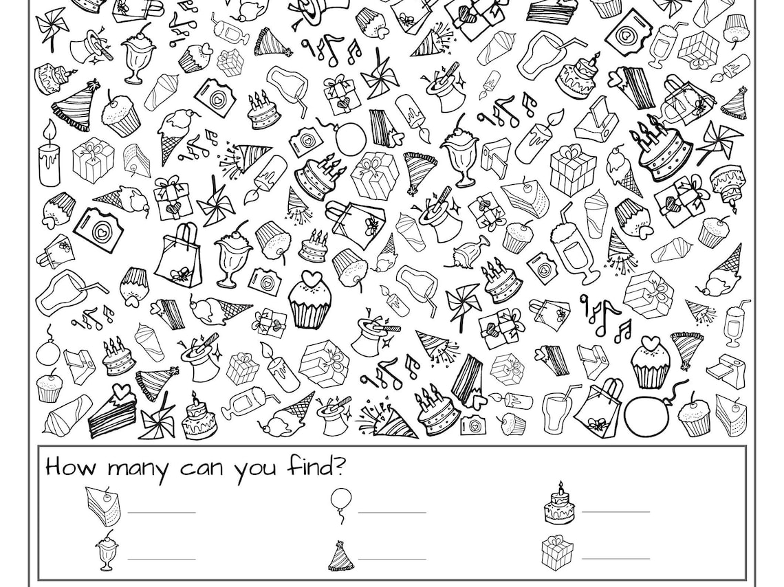 I Spy Birthday Edition, Party Colouring Page, Birthday Activities for