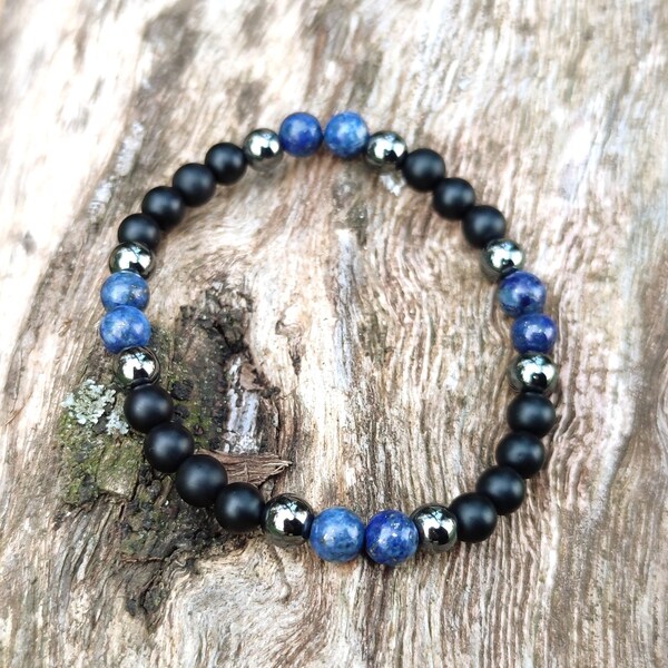 Bracelet en Onyx mat, Hématite Lapis Lazuli / Oeil de tigre / Oeil d'aigle / Jaspe Dalmatien cadeau pour homme et femme