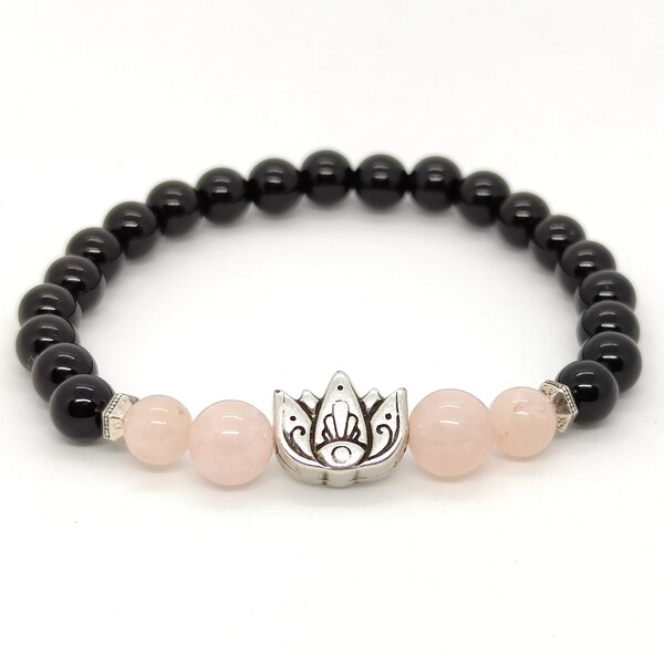 Bracelet fleur de lotus onyx et morganite cadeau pour femme zen yoga