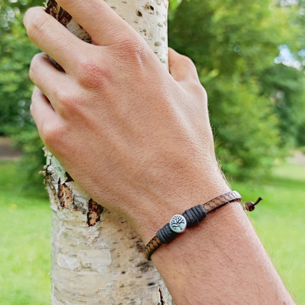 Bracelet en cuir arbre de vie et bois d'ébène style bohème hippie cadeau pour homme et femme