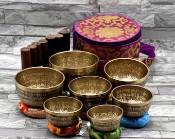 Juego de 7 cuencos cantores - Juego completo de grabado de mantras - Juego de melodías de siete chakras - Juego de regalo de cuencos cantores - Juego de cuencos de meditación - Juego de sanación con sonido - Juego de yoga
