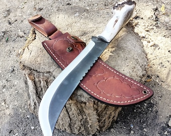 Handmade Deer Antler Machete Knife with Sheath , 4116 Black Blade Hunting Knife , 15 &#39;&#39; Full Tang Blade Machete, Gift For Him, Engraved Gift