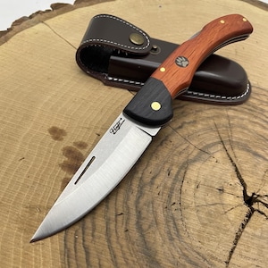 Custom Engraved Folding Knife: Wood Handle, Stainless Steel Blade, with Sheath