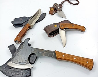 Handmade Camping Equipment Set: Bushcraft Knife, Ax, Pocket & Necklace Knives