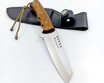 Handmade Tanto Knife: Engraved Hunting Knife with Walnut & Olive Wood Grip