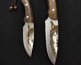 Handmade Hunting Knife Set: Full Tang, Walnut Grip, Wolf Engraving