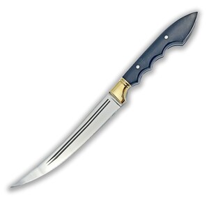 May include: A black handled knife with a gold accent and a long, curved blade.
