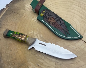Individuell gravierte Jagdmesser: Grüner Epoxyd Griff, Adler Lederscheide