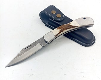 Stag Antler Folding Knife: Personalized Hunting Gift with Leather Sheath