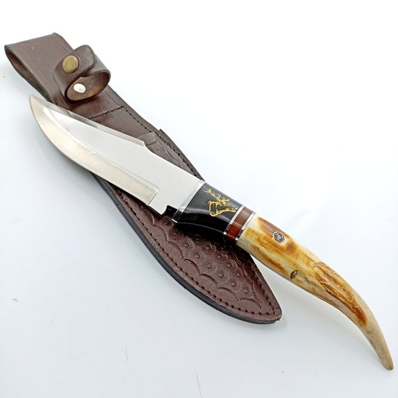 Stag Antler Handle Full Tang Blade Hunting Knife Cobra Snake Skin Leather Sheath Stag Antler Handle Full Tang Blade Hunting Knife Cobra Snake Skin Leather Sheath