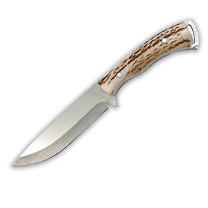 May include: A hunting knife featuring a polished steel blade and a handle crafted from light brown and tan material. The handle is curved and secured with small rivets. The knife is designed for outdoor activities.