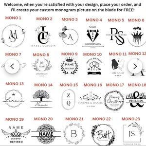 Peut inclure: Divers mod&egrave;les de monogrammes, chacun avec un style unique, pr&eacute;sent&eacute;s sur fond blanc. Les motifs comprennent des initiales, des noms et des &eacute;l&eacute;ments d&eacute;coratifs tels que des couronnes, des couronnes de laurier et un arbre. Le texte dit : &laquo; Bienvenue, lorsque vous &ecirc;tes satisfait de votre design, passez votre commande, et je cr&eacute;erai votre image de monogramme personnalis&eacute;e sur la lame GRATUITEMENT ! &raquo;