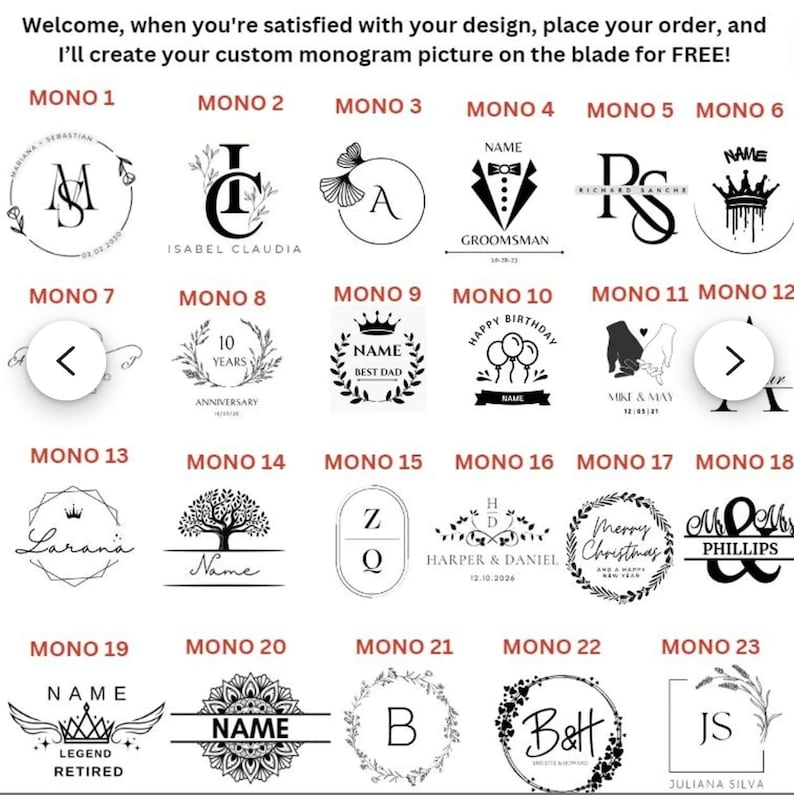 Peut inclure: Divers mod&egrave;les de monogrammes, chacun avec un style unique, pr&eacute;sent&eacute;s sur fond blanc. Les motifs comprennent des initiales, des noms et des &eacute;l&eacute;ments d&eacute;coratifs tels que des couronnes, des couronnes de laurier et un arbre. Le texte dit : &laquo; Bienvenue, lorsque vous &ecirc;tes satisfait de votre design, passez votre commande, et je cr&eacute;erai votre image de monogramme personnalis&eacute;e sur la lame GRATUITEMENT ! &raquo;
