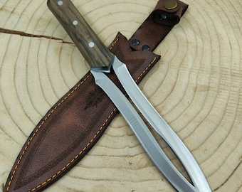 Handmade Engraved Double Edge Knife with Sheath: 4116 Stainless Steel, Walnut Grip