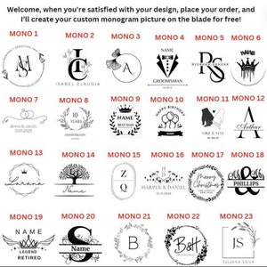 Op de afbeelding: Een raster met 23 verschillende monogramontwerpen. Elk ontwerp is een zwart-witte illustratie van een monogram, naam of zin. De ontwerpen zijn genummerd van 1 tot en met 23.