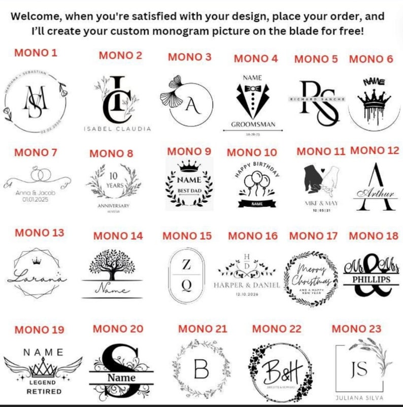 Op de afbeelding: Een raster met 23 verschillende monogramontwerpen. Elk ontwerp is een zwart-witte illustratie van een monogram, naam of zin. De ontwerpen zijn genummerd van 1 tot en met 23.
