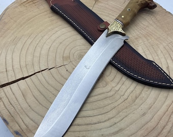Custom Machete Knife with Leather Sheath, 440C Steel