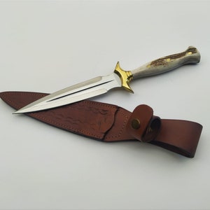 Cuchillo de daga de asta de ciervo, cuchillo Fairbairn Sykes hecho a mano con estuche, cuchillo de caza, cuchillo de doble filo, regalos de padrinos, daga bonita