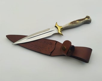 Cuchillo de daga de asta de ciervo, cuchillo Fairbairn Sykes hecho a mano con estuche, cuchillo de caza, cuchillo de doble filo, regalos de padrinos, daga bonita