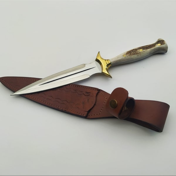 Deer Antler Dagger Knife , Handmade Fairbairn Sykes Knife with Case , Hunting Knife , Double Edge Knife , Groomsmen Gifts , Pretty Dagger