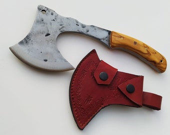 Hand Forged Carbon Steel Viking Axe: Olive Wood Handle, Leather Case